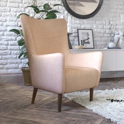 Light Brown Faux Leather Wingback Accent Chair with Wooden Legs