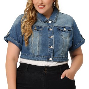 Agnes Orinda Women's Plus Size Button Front Trendy Washed Rolled Sleeves Cropped Jean Jackets - 1 of 4