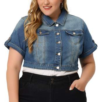 Agnes Orinda Women's Plus Size Button Front Trendy Washed Rolled Sleeves Cropped Jean Jackets