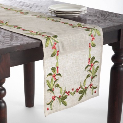 16"x54" Embroidered Holly Design Table Runner Natural - Saro Lifestyle