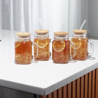16 oz Glass Mason Jar Tumblers with Bamboo Lids and Straws, Set of 4