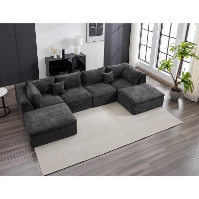 140" Cloud Sectional Sofa, Convertible U-Shape Boneless Couch with Ottoman, Oversized 4-Seater Modular Sofa for Living Room