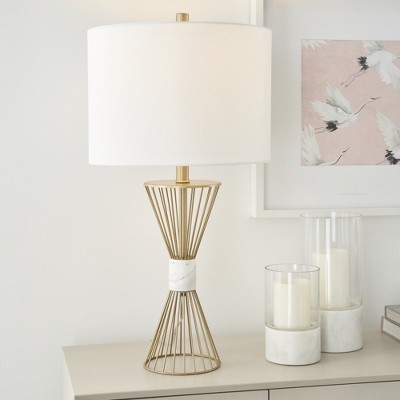 Gold Metal and Marble Wire Triangle Table Lamp with Drum Shade