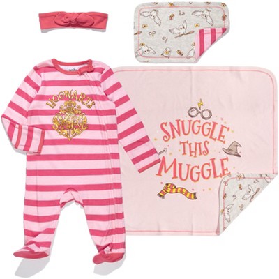 Harry Potter Baby Girls 4 Piece Outfit Set: Sleep N' Play Coverall Headband Burp Cloth Blanket Pink 