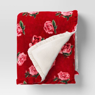 Rose Printed Plush Throw with Faux Shearling Reverse and Ruffled Trim Red - Threshold™