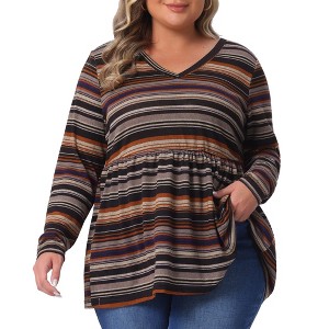 Women's Plus Size Vintage Striped V Neck Long Sleeve Elastic Waist Boho Casual Babydoll Blouse - Agnes Orinda - 1 of 4
