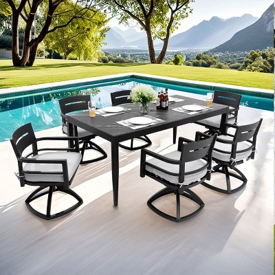 7-Piece Outdoor Dining Set, 6 Swivel Rockers and Marble-Look Sintered Stone Top Dining Table, Aluminum Chairs with Foam Cushions-Coolbibila
