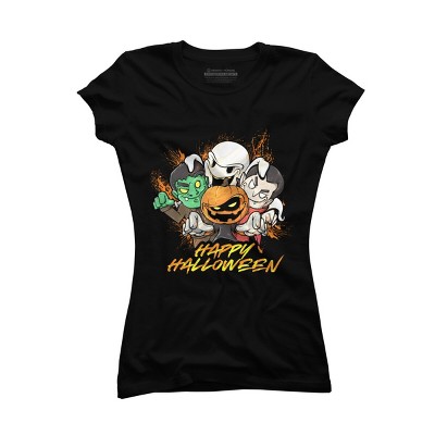 Junior's Design By Humans Halloween Pumpkin Face Vampire Ghost Frankenstein By swiftyspade T-Shirt