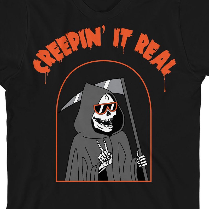 Kids Halloween Peace Sign Grim Reaper "Creepin' It Real" Unisex Youth Black Short Sleeve Crew Neck Tee, 2 of 4