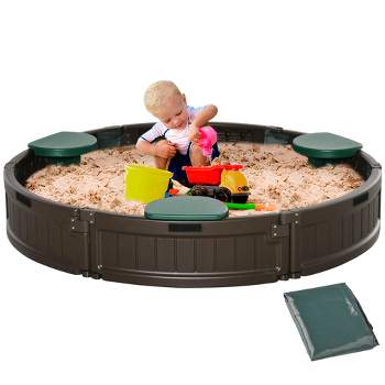 Outsunny Kids Outdoor Round Sandbox with Cover Garden Bed, Easy Assembly Children's Backyard Play Station for 3-12 years old, Brown