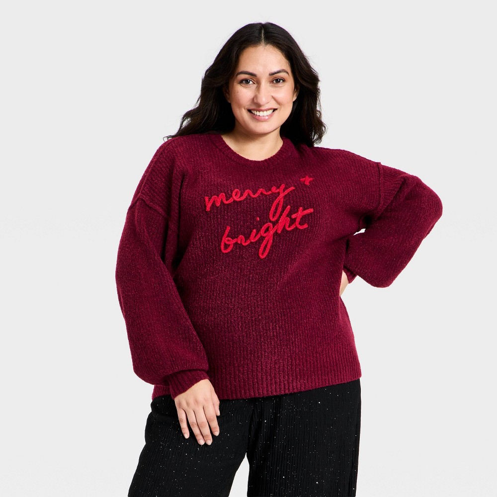 Women's Long Sleeve Crewneck Holiday Pullover Sweater - Ava & Viv™ Burgundy 3X