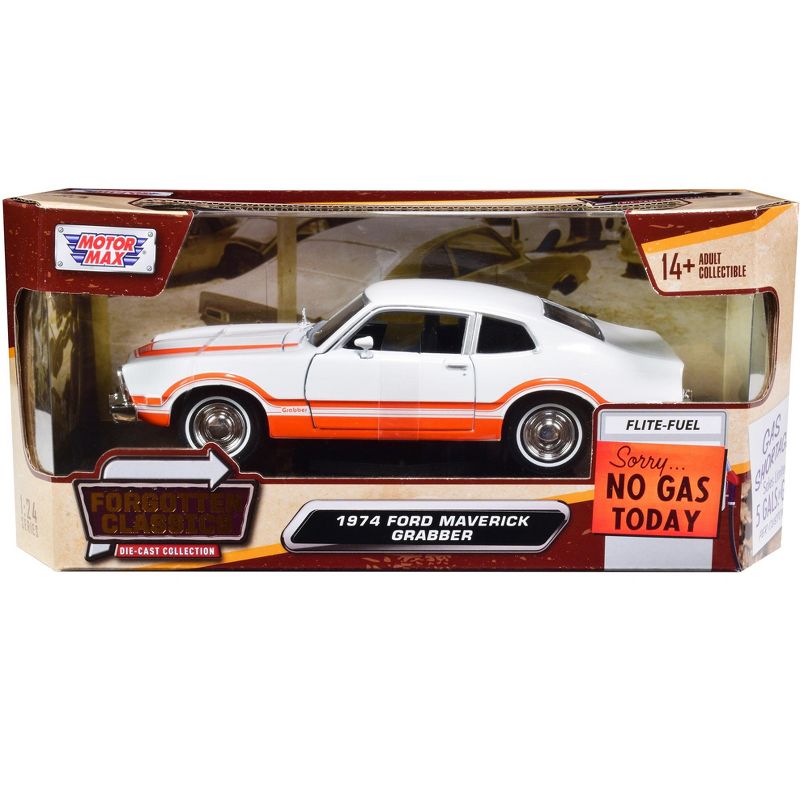 1974 Ford Maverick Grabber White with Orange Stripes "Forgotten Classics" Series 1/24 Diecast Model Car by Motormax, 1 of 4