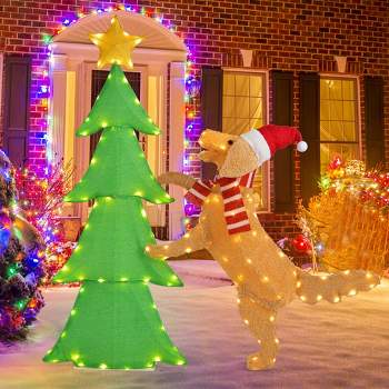 Costway 4 FT Christmas Tree & Dog Lighted Tinsel Xmas Holiday Decoration with 125 Lights