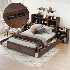 Full Size Platform Bed Frame with Storage Headboard, Charging Station, Trundle, 2 Drawers and Pull Out Shelves, White/Espresso-ModernLuxe - 1 of 4