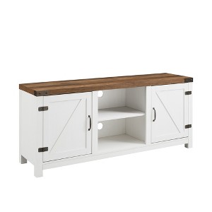 58.75" MDF Farmhouse Barn Door TV Stand with Open and Closed Storage, Metal Hinges, and Handles for Living Room and Bedroom - 1 of 4