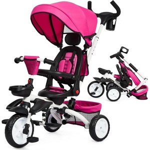 7-in-1 Foldable Baby Tricycle Stroller for Kids Ages 1-5, Toddler Trike with Adjustable Push Handle, Safety Harness, Storage Basket & Cup Holder - 1 of 4