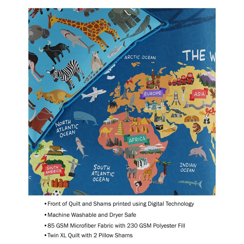 World Map 3 Piece Quilt Set-Twin XL Bedding & 2 Pillow Shams-Hypoallergenic Microfiber-Animals & Landmarks of the Continents & Oceans by Lavish Homes, 3 of 9