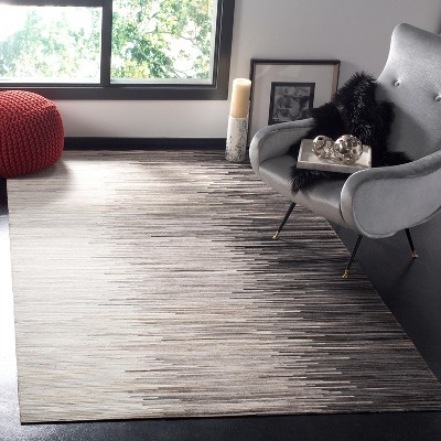 Ivory and Charcoal Geometric Hand-Knotted Leather Area Rug