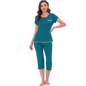 cheibear Women's Round Neck Loungewear with Capri Pants Pajama Set - 1 of 4