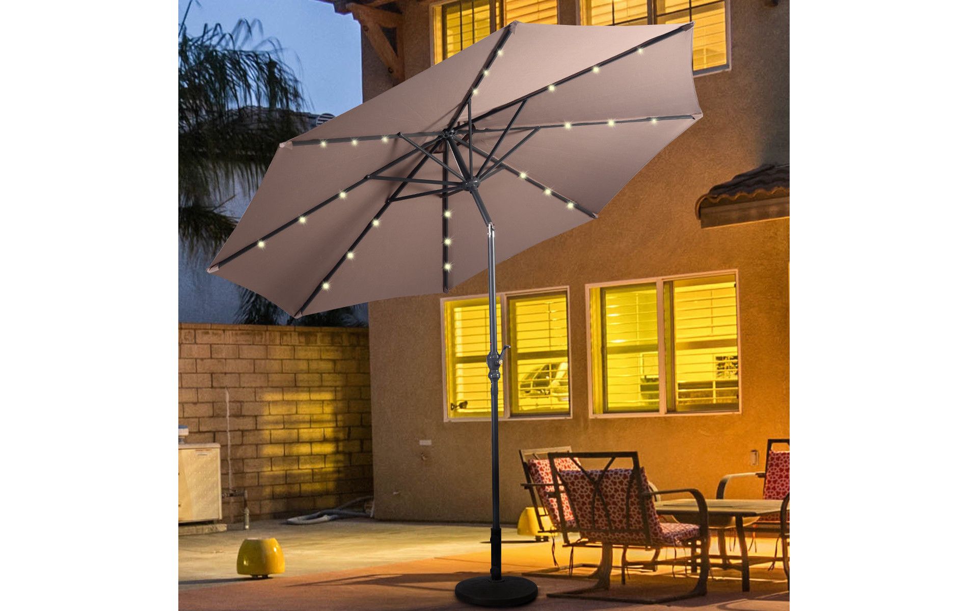 Costway 10ft Patio Solar Umbrella LED Patio Market Steel Tilt w/ Crank Outdoor (Tan)