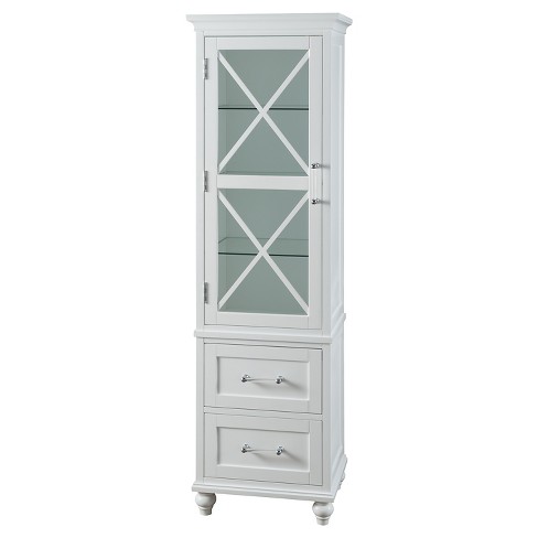 white linen cabinet with glass doors