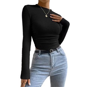 Coolmee Womens Tops Fall Long Sleeve Fitted T Shirts Waffle Ruched Crop Shirt Basic Knit Workout Clothes - 1 of 4