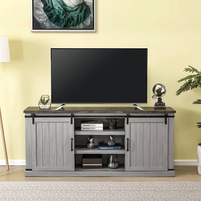 Gray Sliding Barn-Door TV Stand with Adjustable Shelves