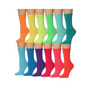 Tipi Toe Women's 12 Pack Solid Neon Colored Patterned Lightweight Crew Socks - 1 of 2