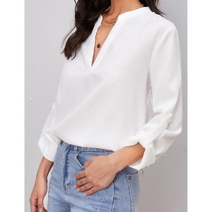 Women's V-Neck Long Sleeve Shirt Casual  Roll-Tab Sleeves Blouse - 1 of 4