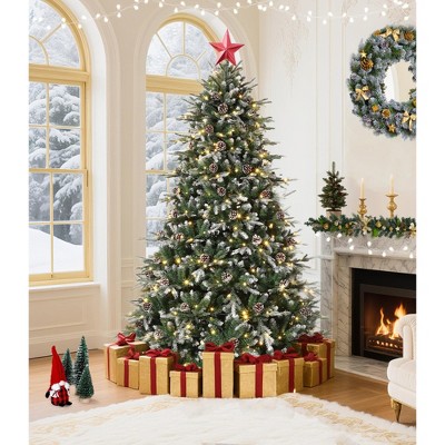 6/7.5/9FT Pre-Lit Snow Flocked Christmas Tree, 8 Modes Lights, Pine Cones, Automatic Expansion & Folding Stand