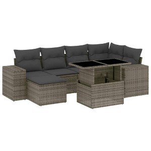 vidaXL 7 Piece Patio Sofa Set with Cushions Gray Poly Rattan - Gray without storage - 1 of 4