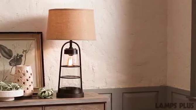 Franklin Iron Works Rustic Farmhouse Table Lamp 31" Tall with Nightlight Bronze Clear Seeded Glass Burlap Shade for Bedroom Living Room House Bedside, 2 of 11, play video