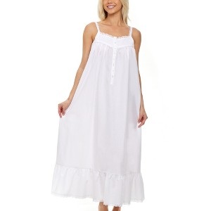 ADR Women's Cotton Nightgown, Cecilia Sleeveless Lace Trim Button Up Long Vintage Night Dress Gown - 1 of 4