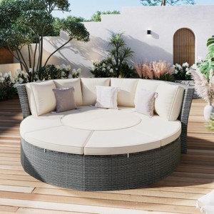 Maisie 5-piece PE Wicker Round Patio Sectional Sofa, Outdoor Daybed with Round Liftable Table and Washable Cushions - Maison Boucle - 1 of 4