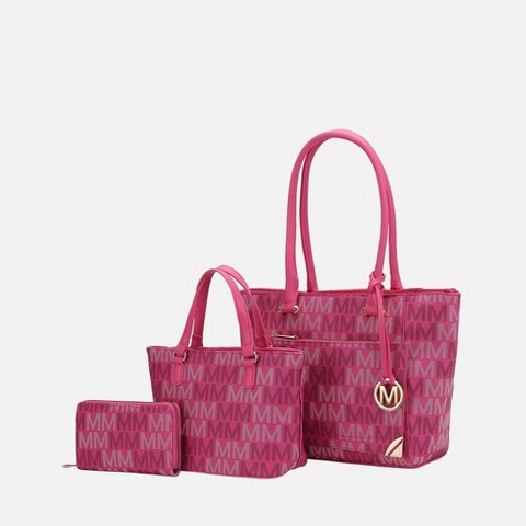 MKF Collection Lady II M Signature Large Tote, Small Tote & Wallet Set Vegan Leather, Stylish Women’s Handbag M Design by Mia K- Fuchsia