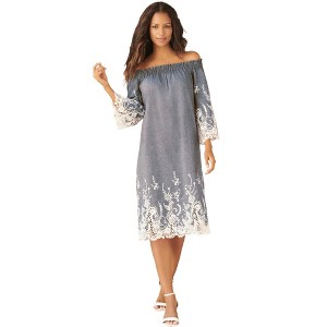 Roaman's Women's Plus Size Eyelet Off-The-Shoulder Dress - 1 of 4
