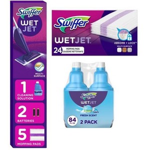 Swiffer WetJet 84.4 fl oz/2ct Multi-Purpose Cleaner + Floor Mop Starter Kit + 24ct Multi-Surface Floor Cleaner Spray Moping Pads Refill Unscented - 1 of 4
