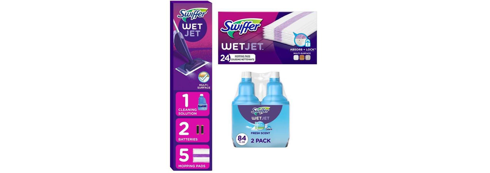 Swiffer WetJet 84.4 fl oz/2ct Multi-Purpose Cleaner + Floor Mop Starter Kit + 24ct Multi-Surface Floor Cleaner Spray Moping Pads Refill Unscented
