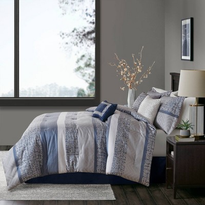 Navy and Gray Geometric Jacquard Queen Comforter Set