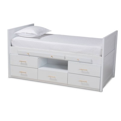 Twin 5 Drawer Mirza Wood Storage Bed with Pull Out Desk White - Baxton Studio