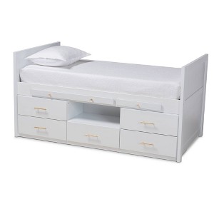 Twin 5 Drawer Mirza Wood Storage Bed with Pull Out Desk White - Baxton Studio - 1 of 4