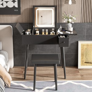 27.9" Vanity Desk Set With Flip Top Mirror And Light, 3 Colors Adjustable Lighting, Makeup Vanity Table With 2 Drawers, Fold-up Panel And Stool - 1 of 4