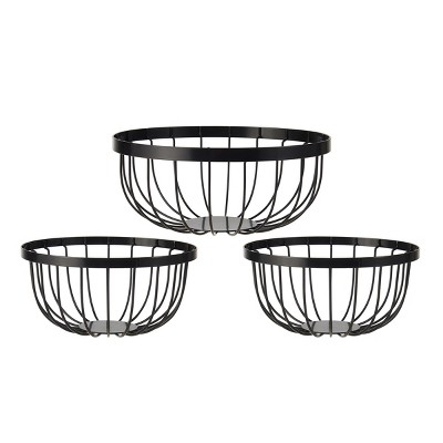 Scroll Black Iron 3-Piece Round Storage Basket Set