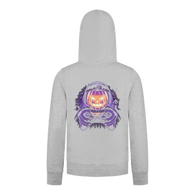 Everyday Kids Halloween Zip Up Hoodie – Gamer Pumpkin with Headphones and Controller – Cozy Fall Sweatshirt for Boys, Heather Gray