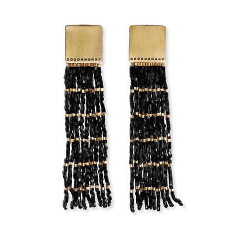 Trio Glass Bead & Fringe Necklace, Black