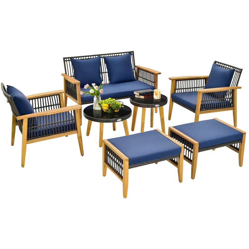 Costway 7 Piece Conversation Set Rattan Woven Chair Set with 2 Coffee Tables & 2 Ottomans, 2 of 11