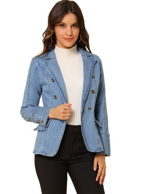 Allegra K Women's Regular Fit Casual Lapel Long Sleeve Denim Pockets Blazer