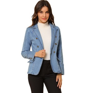 Allegra K Women's Regular Fit Casual Lapel Long Sleeve Denim Pockets Blazer - 1 of 4