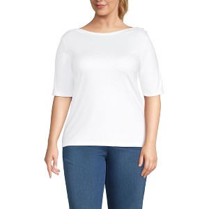 Lands' End Women's Supima Cotton Elbow Sleeve Boatneck Button Shoulder Tee - 1 of 4
