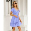 Womens Skater Dresses Sexy V Neck Short Sleeve Tie Waist Solid Ruffle Boho Flowy Swing Mini Dress - 3 of 4